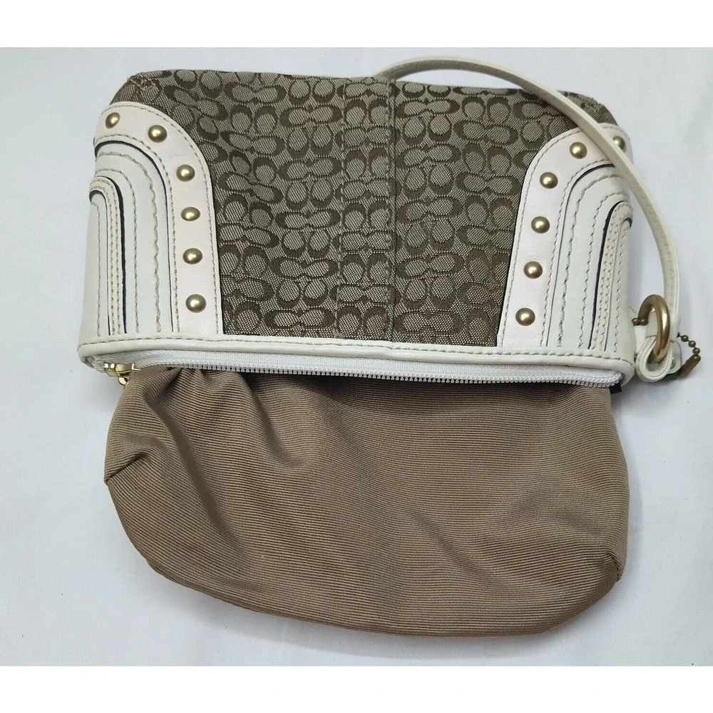 Coach Mini C Brown Canvas Leather Trim Studded Zipper Wristlet - Coin Wallet